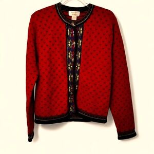 Tally-Ho Vintage Red Boiled Wool Cardigan Sweater Nordic Floral Brass Button L